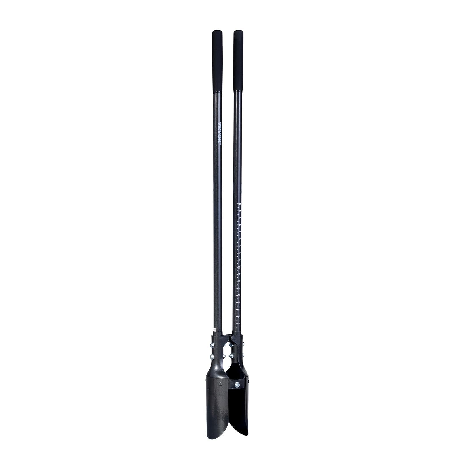 VEVOR post hole digger in a garden setting near a fence post illustrating practical application