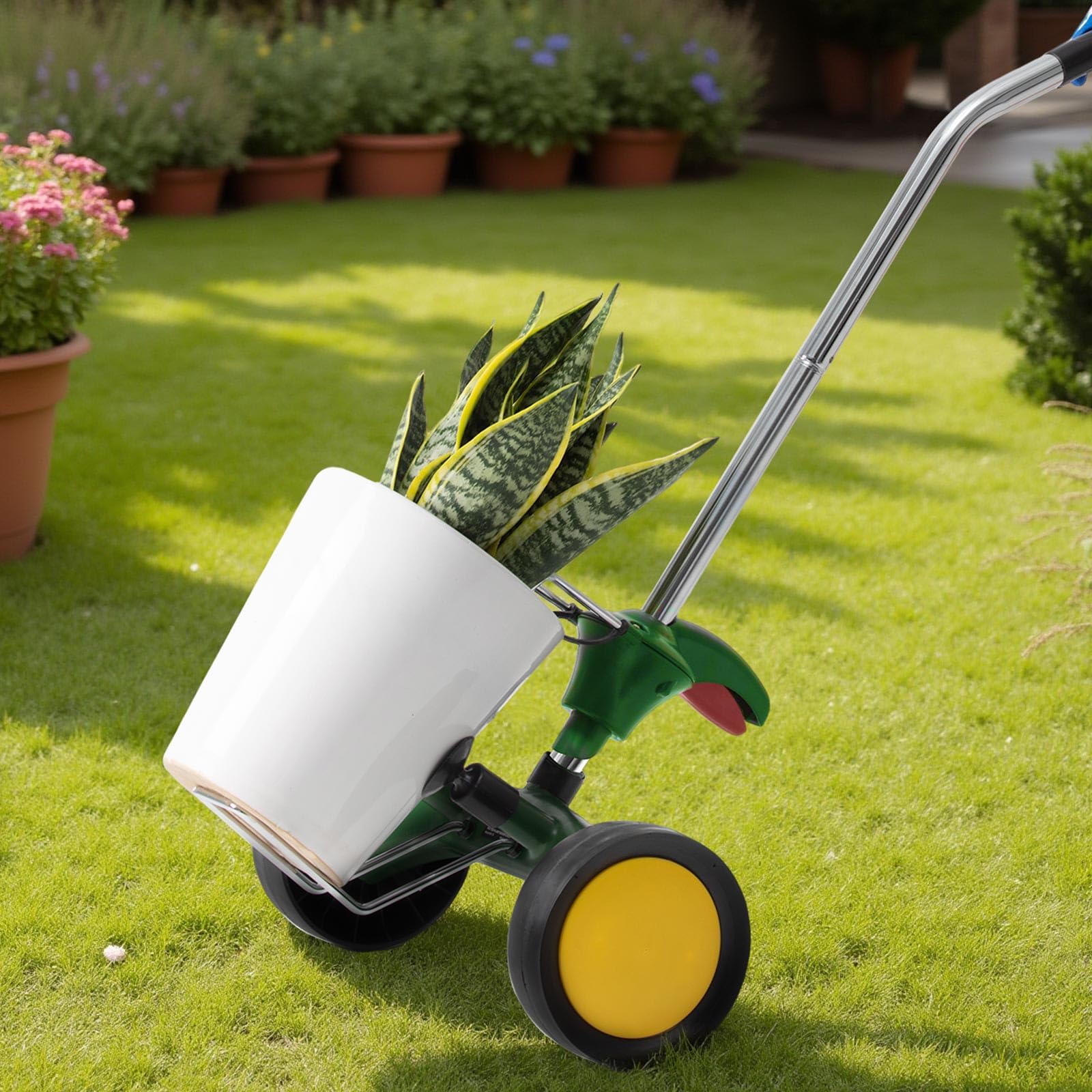 VEVOR dolly next to a standard pot to show size and fit for buyer confidence