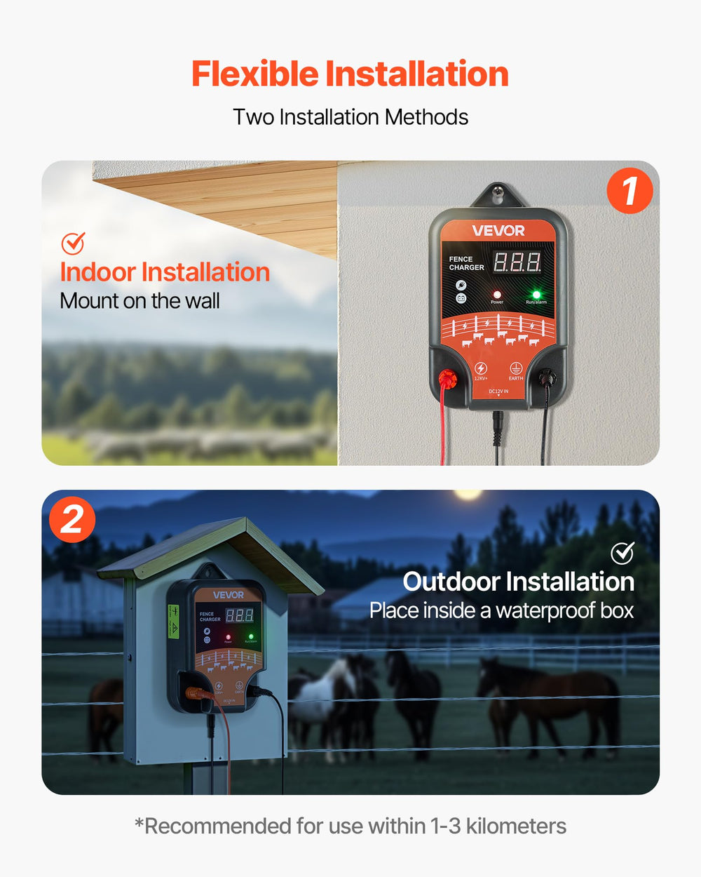 VEVOR power adapter and cords displayed for stable mains and battery connections
