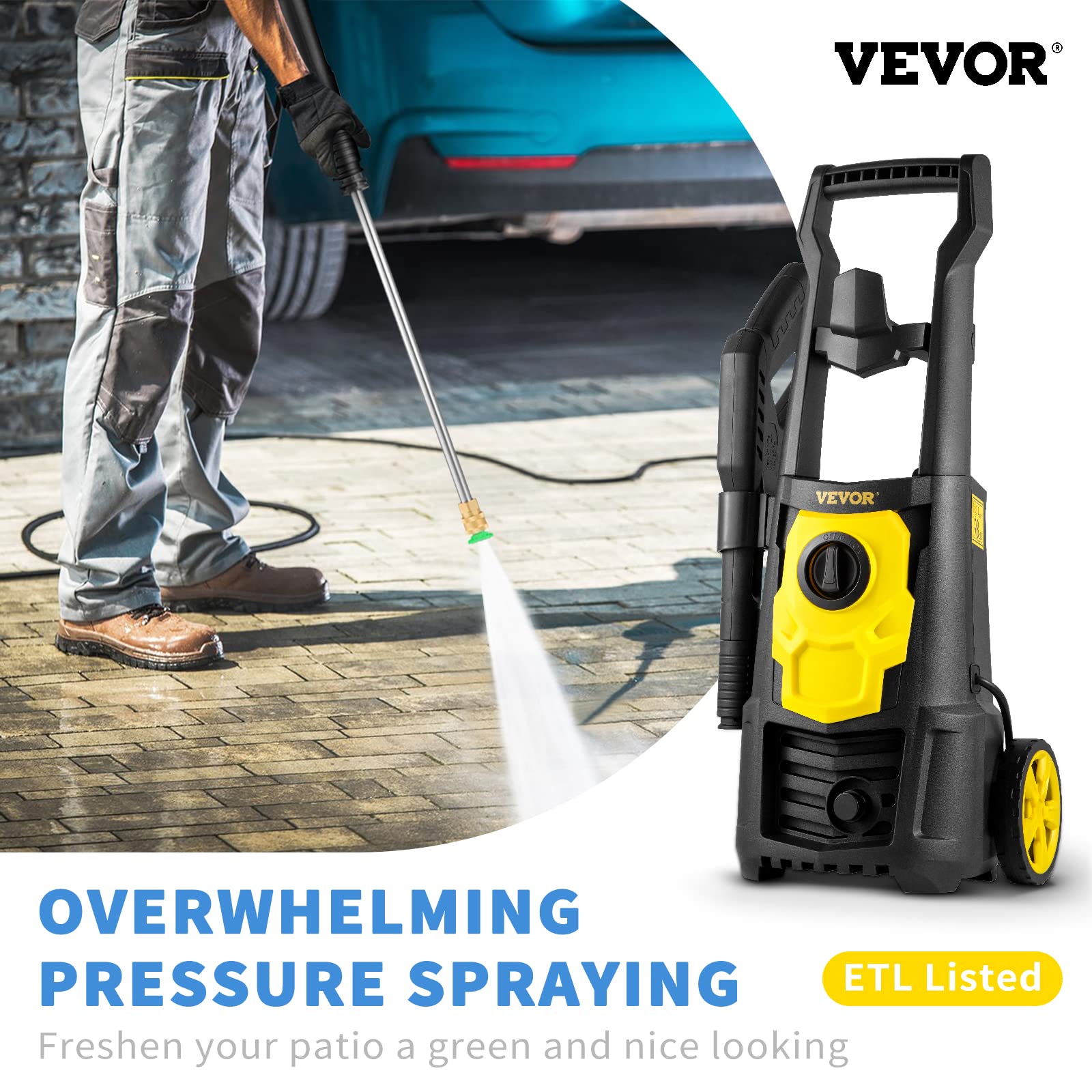 VEVOR pressure washer angled side highlighting IPX5 casing and ergonomic handle benefits
