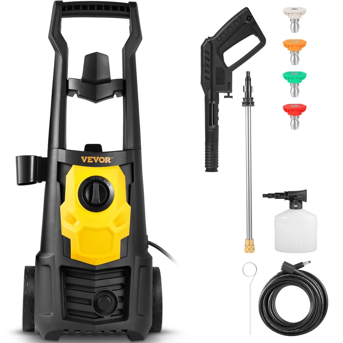 VEVOR pressure washer front view showing compact body and wheels for easy transport