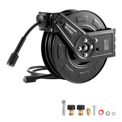 VEVOR front view of reel showing sturdy frame and neat hose storage for organized workspaces