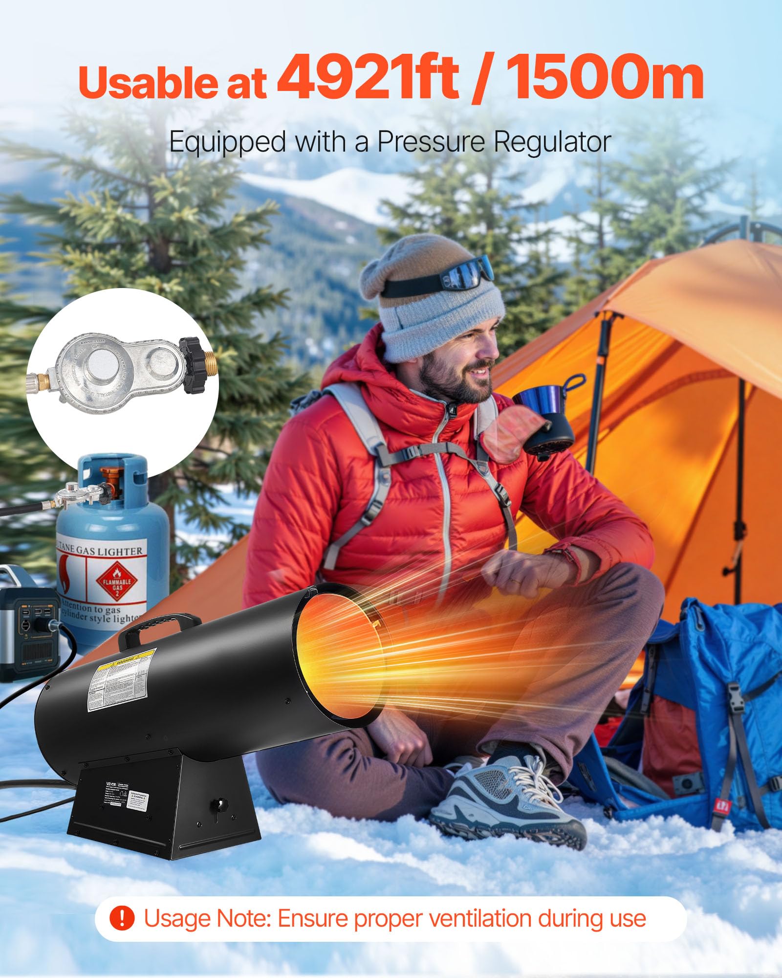 VEVOR propane heater burner detail highlighting durable construction and efficient flame