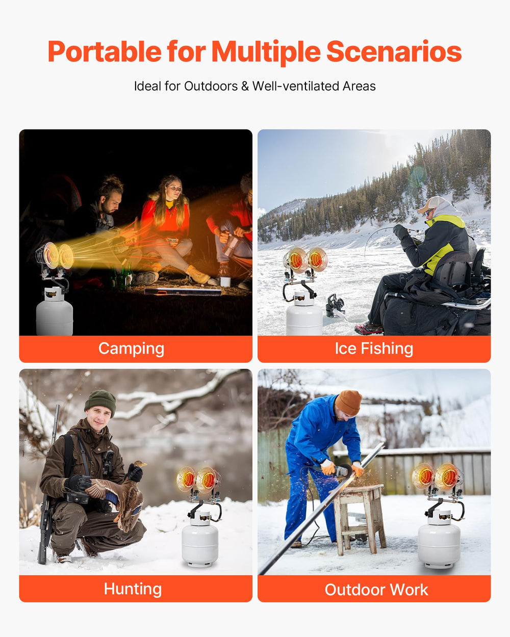 VEVOR heater warming people inside an ice fishing shack to provide focused comfort