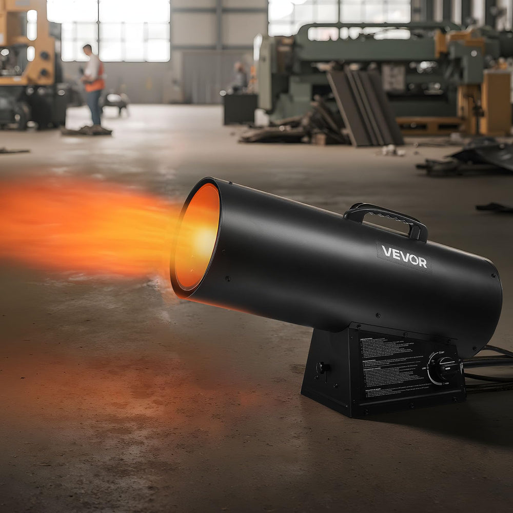 VEVOR propane heater used at outdoor job site providing reliable heat in open areas