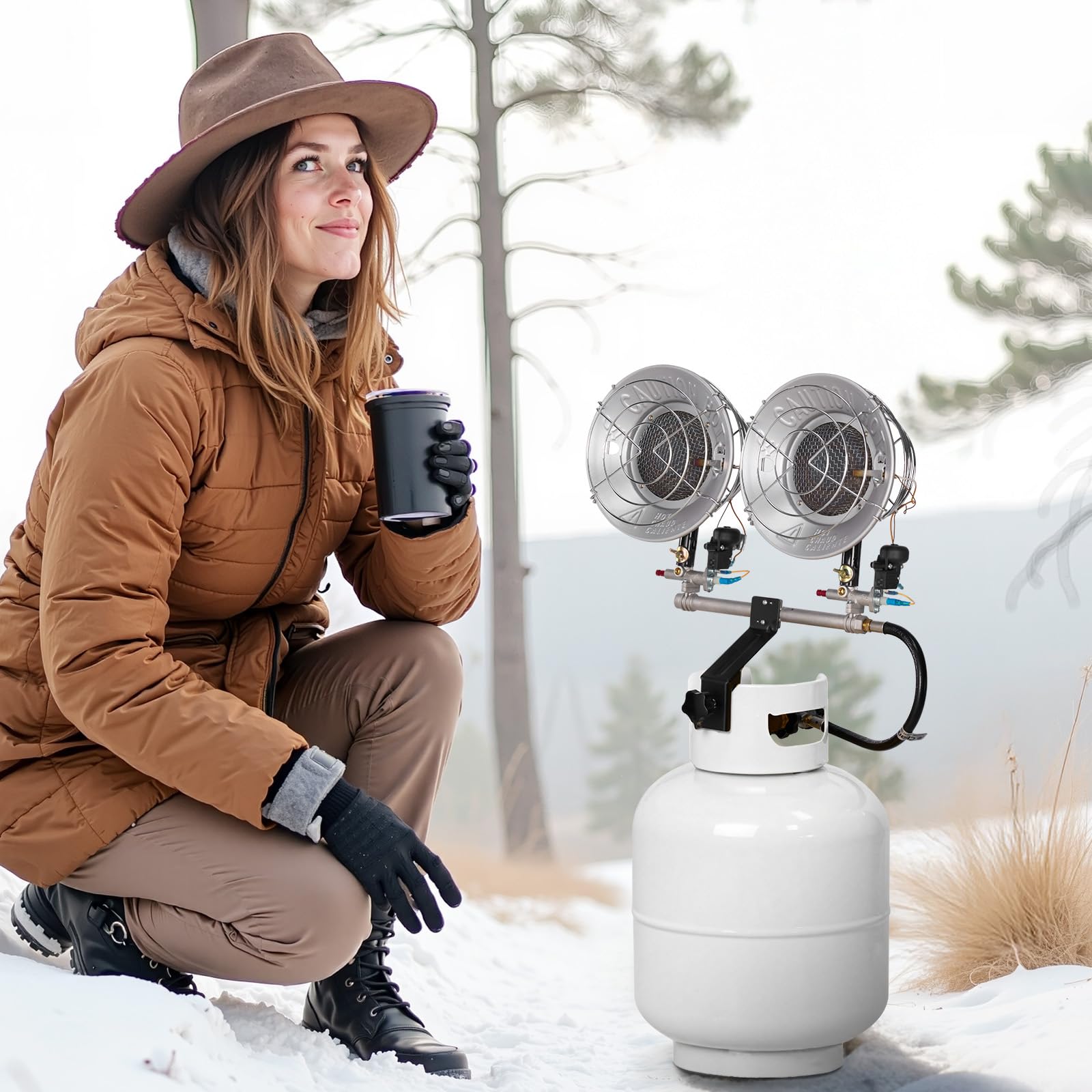 VEVOR heater next to a hard hat to show scale and compact portability