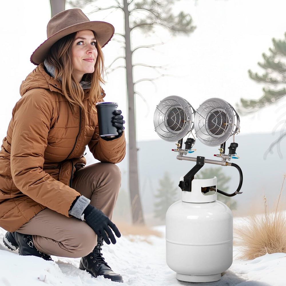 VEVOR heater next to a hard hat to show scale and compact portability
