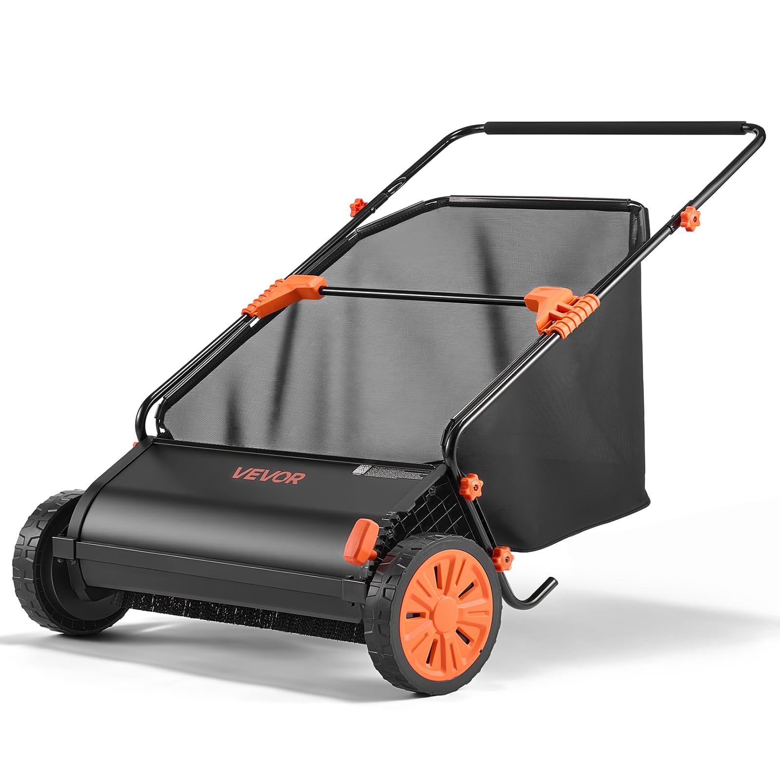 VEVOR front view of sweeper showing wide 30-inch sweep path and sturdy frame, fast cleanup