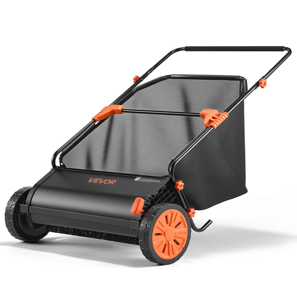 VEVOR front view of sweeper showing wide 30-inch sweep path and sturdy frame, fast cleanup