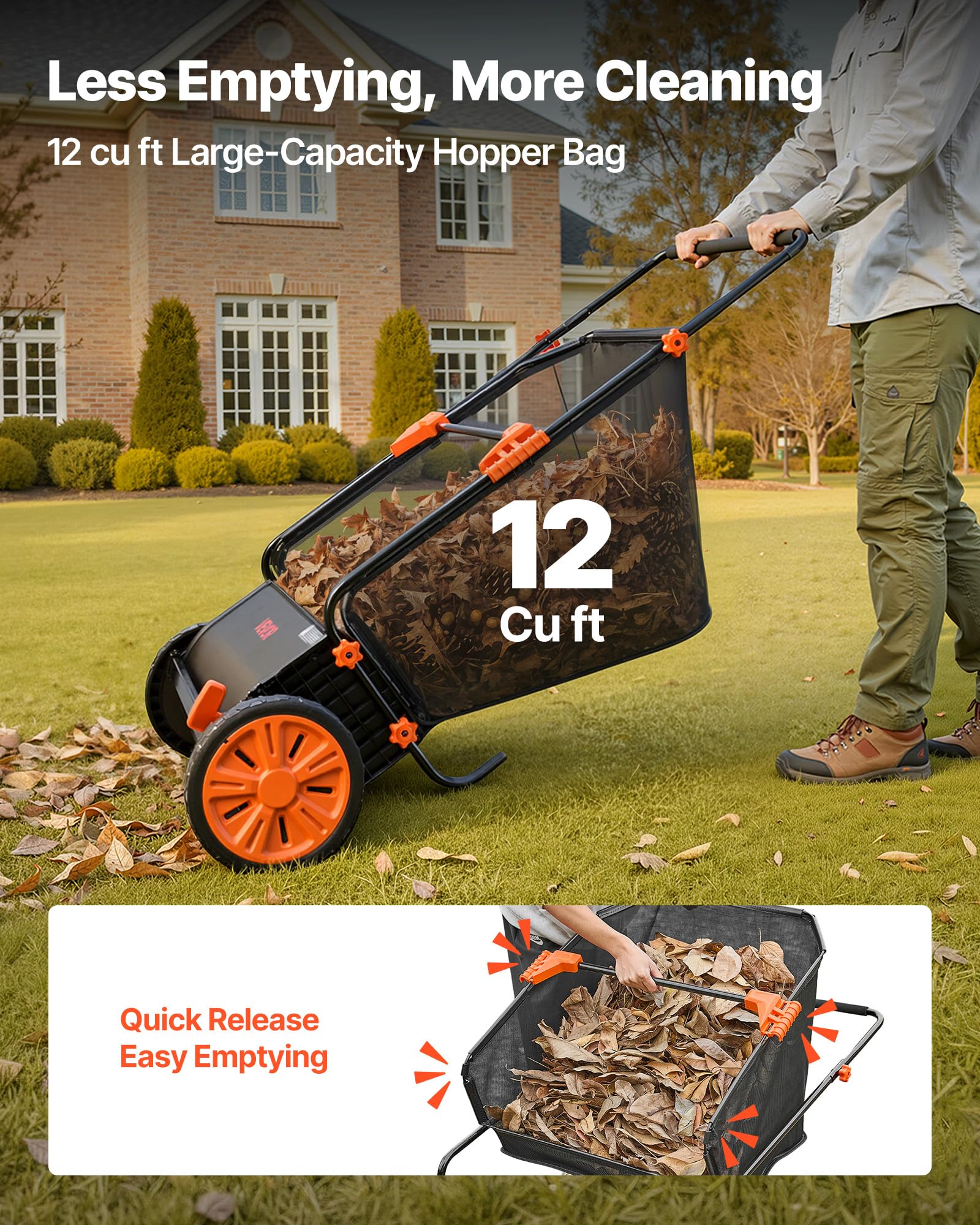VEVOR sweeper being pushed on grass collecting leaves and clippings for efficient yardwork