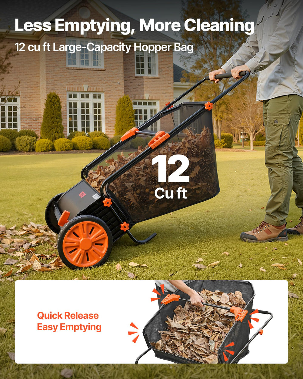 VEVOR sweeper being pushed on grass collecting leaves and clippings for efficient yardwork