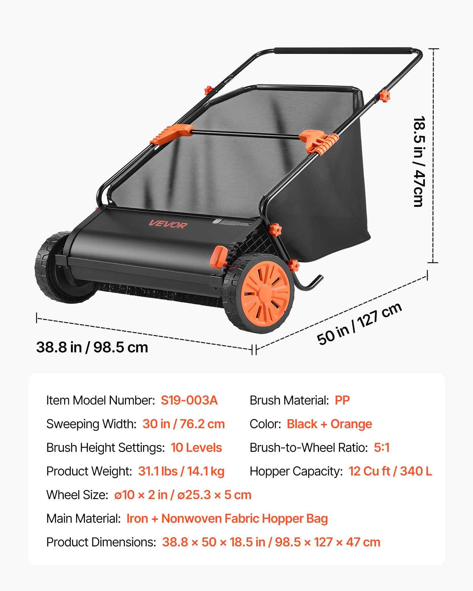 VEVOR unit sweeping leaves on driveway illustrating multi-surface cleanup capability