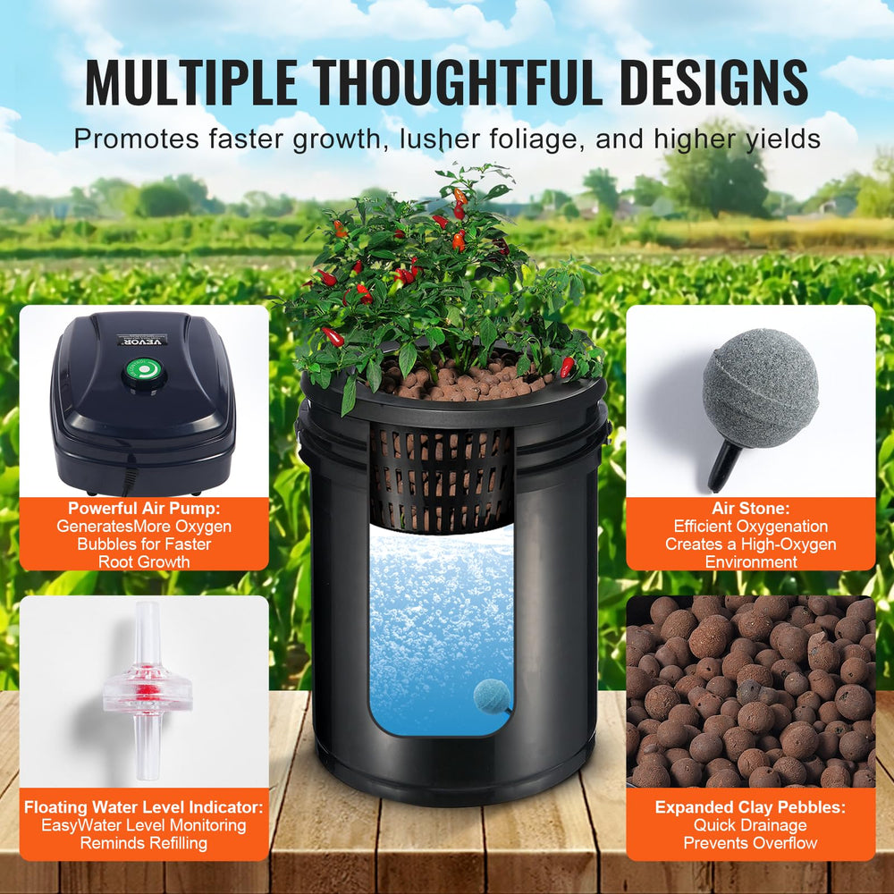 VEVOR air pump and tubing delivering oxygen to all buckets efficiently