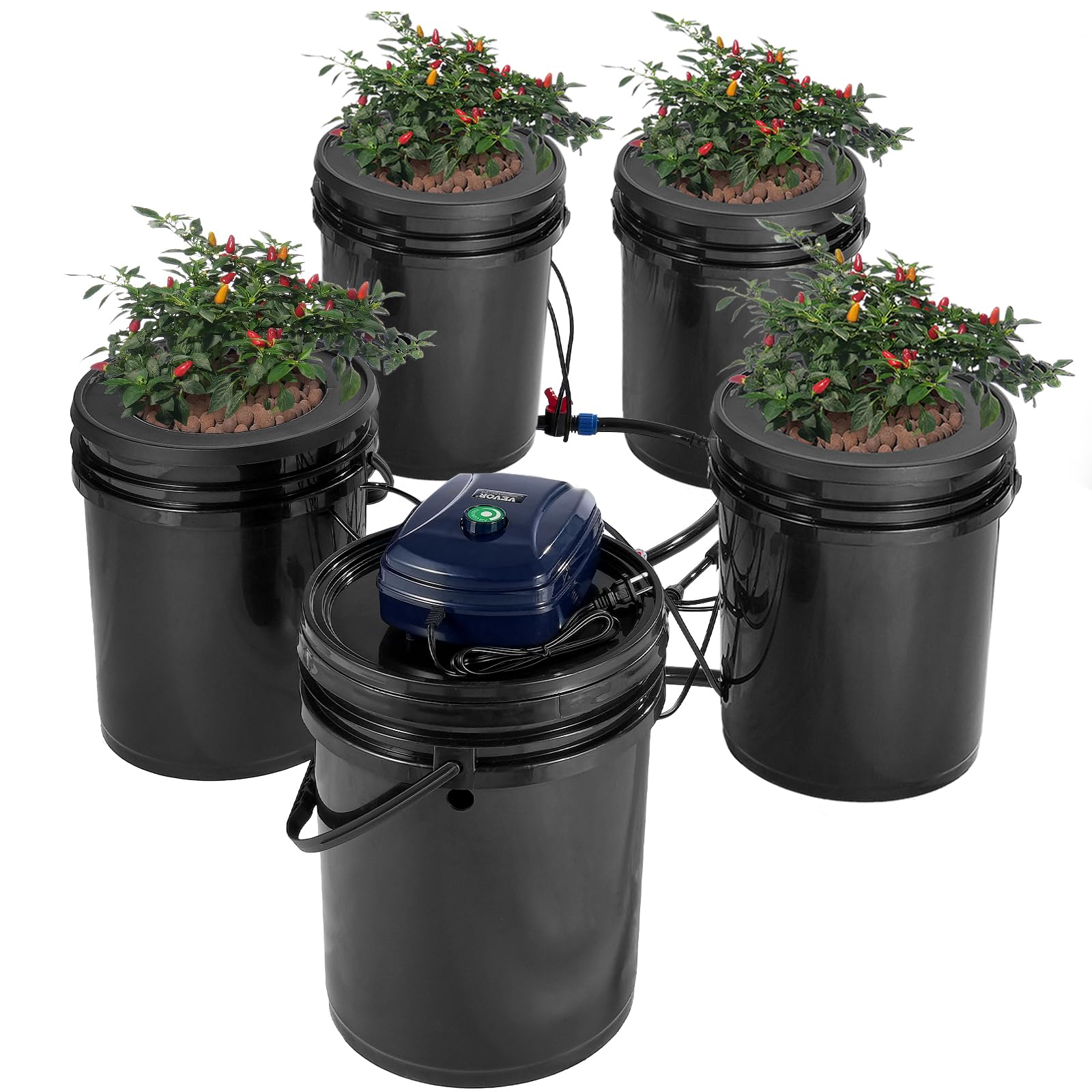 VEVOR kit front view showing four buckets and reservoir for quick setup