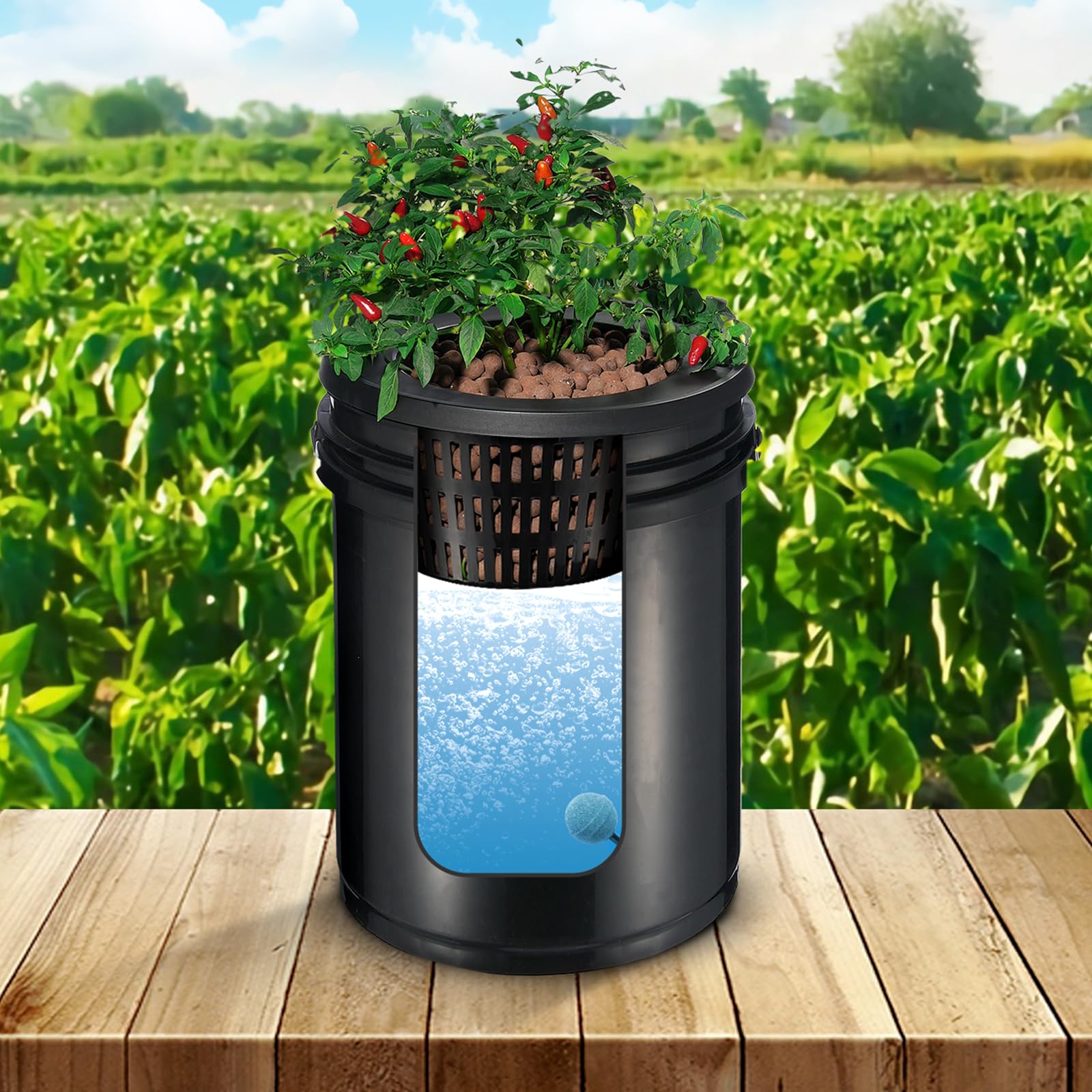 VEVOR bucket next to hand to show 5‑gallon scale and space footprint