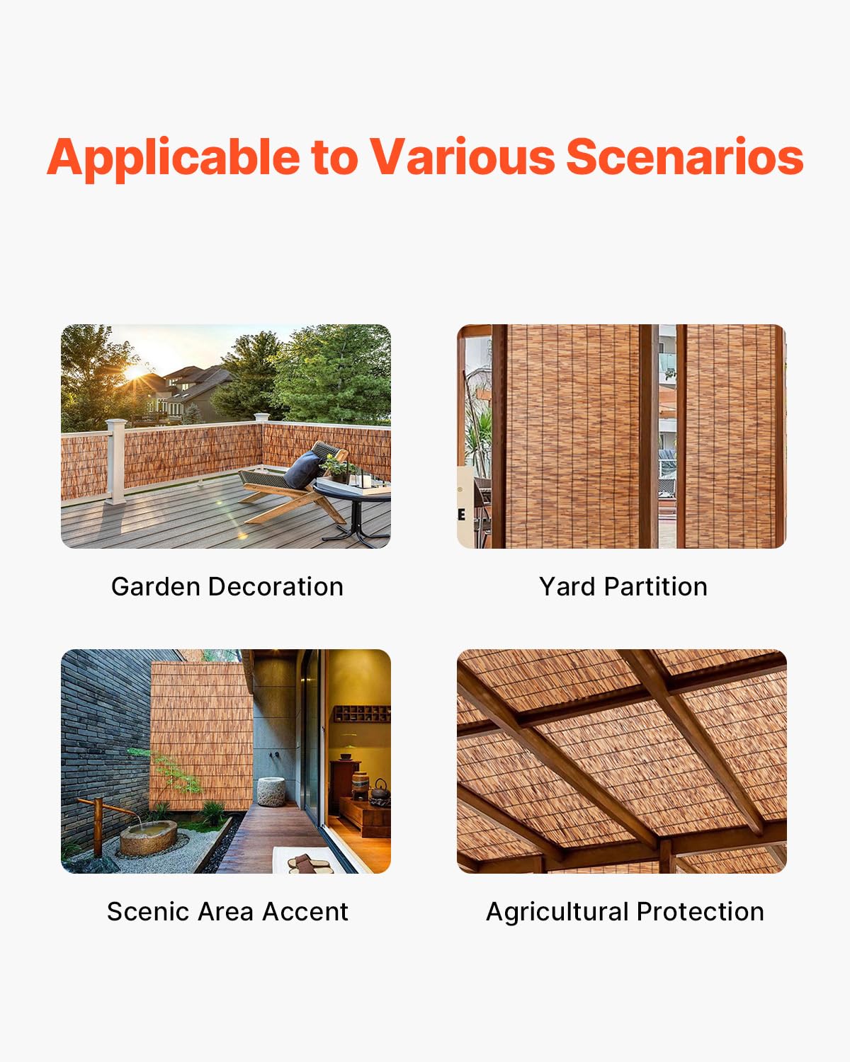VEVOR reed fence next to ruler showing 5.5x16.4 ft size for quick scale estimate
