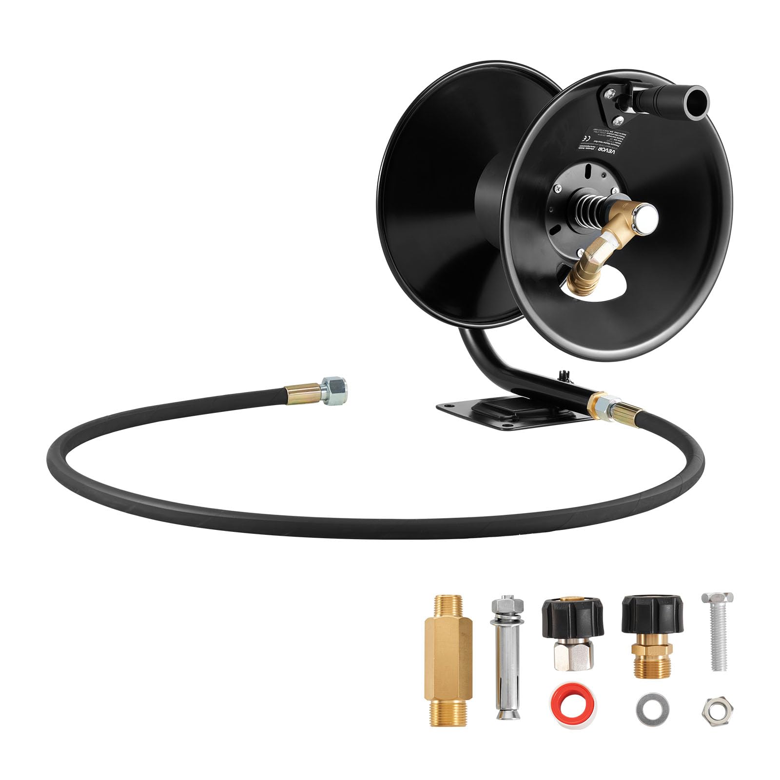 VEVOR pressure washer hose reel front view showing durable steel drum and neat hose storage