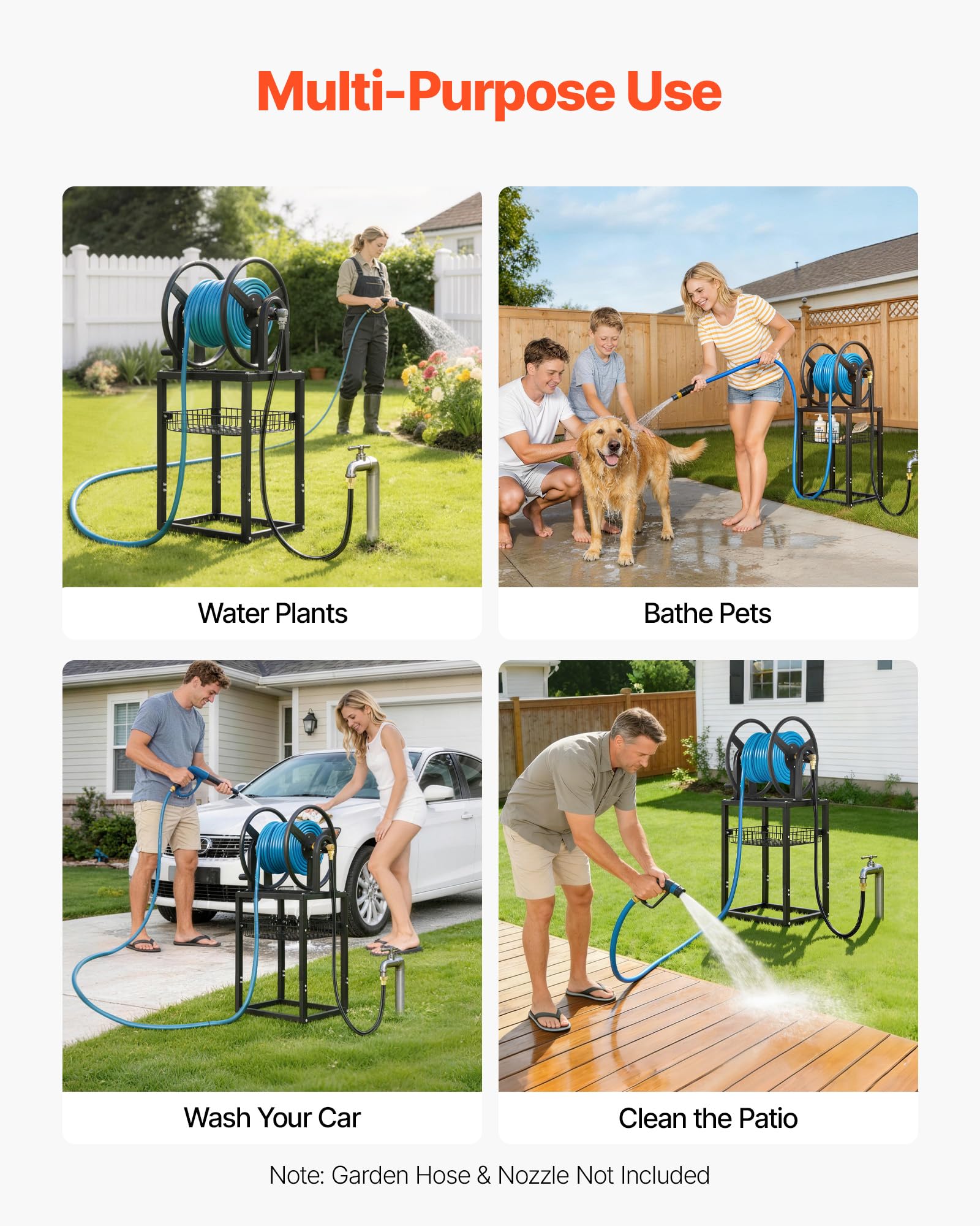 VEVOR hose reel in garden scene demonstrating tidy yard organization