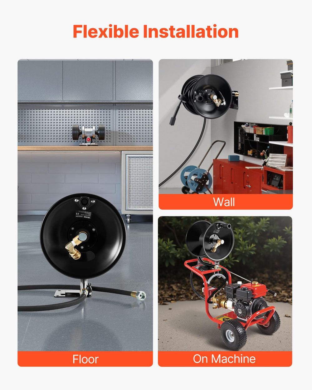 VEVOR reel installed in a truck bed showing mobile use and fast hose access