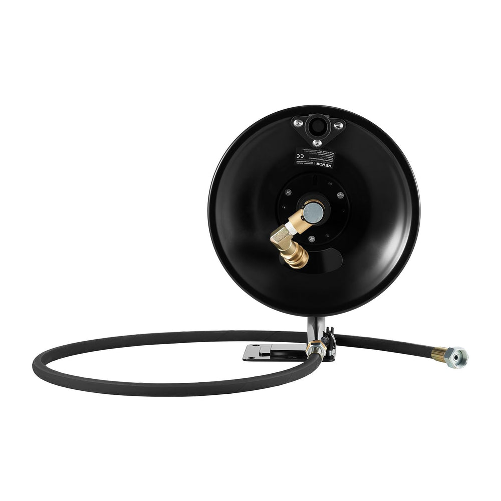 VEVOR reel label and specs plate image highlighting PSI, temperature, and fitting details