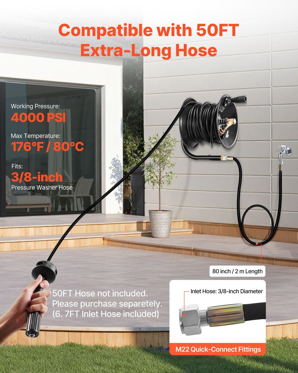 VEVOR reel mounted on a garage wall illustrating space-saving organized hose storage