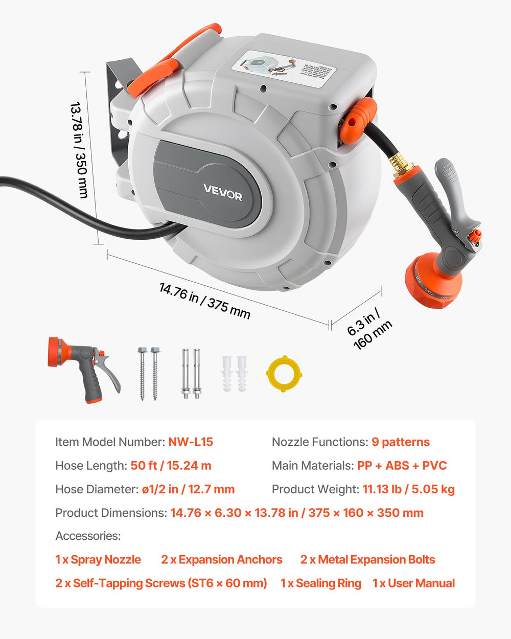 VEVOR reel retracting hose slowly showing controlled rewind protection