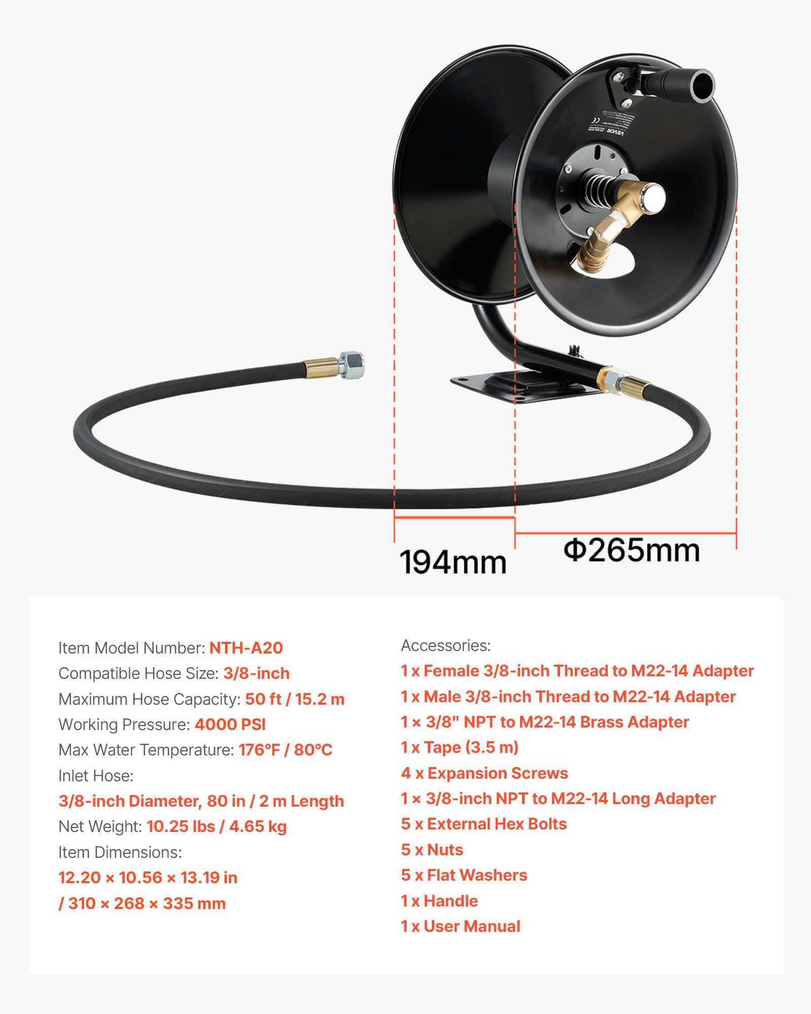 VEVOR reel with a 50ft hose wound neatly reducing kinks and extending hose life