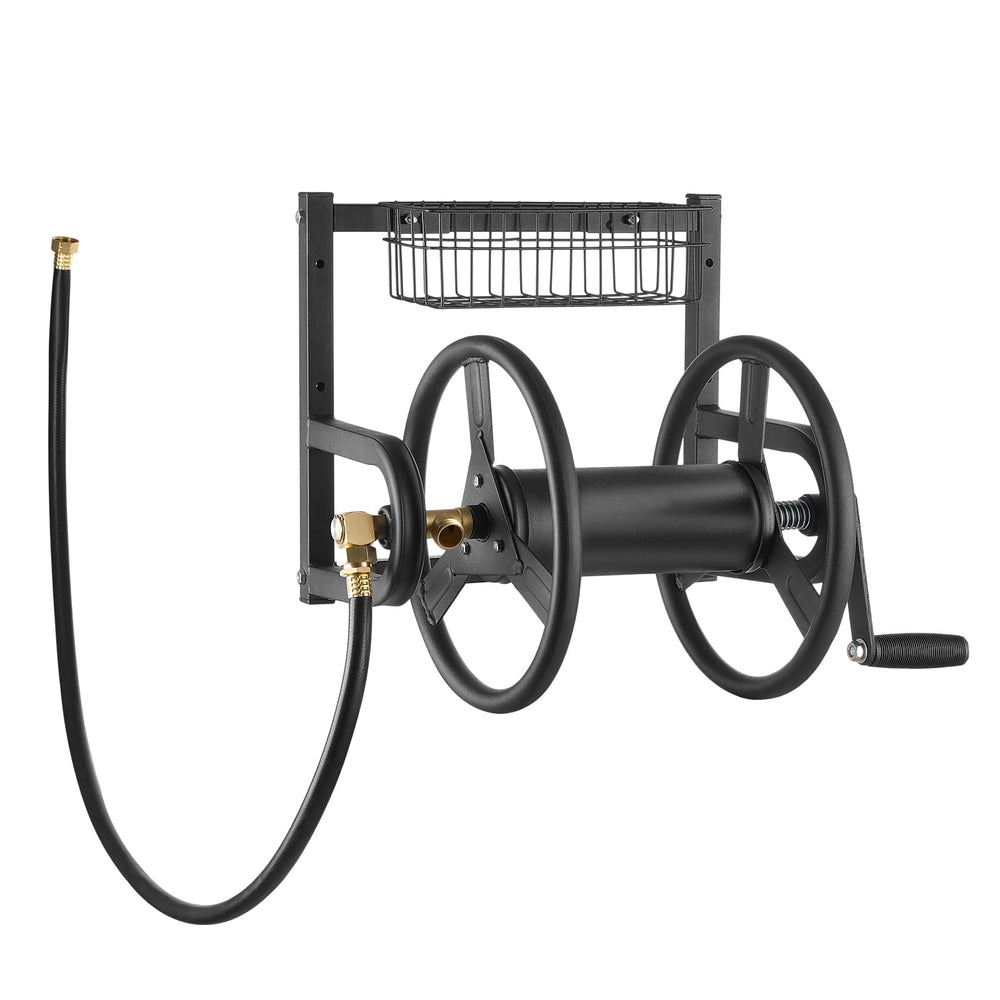 VEVOR reel staged with hose and accessories showing ready-to-use yard setup
