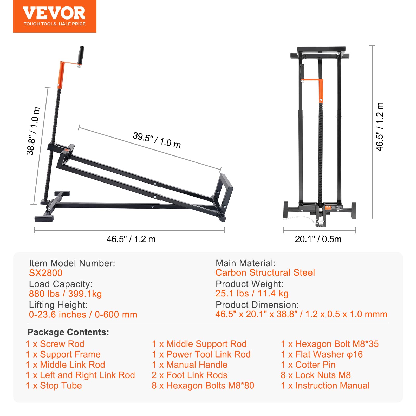 VEVOR lift raised to 23.6 inches showing under-deck access benefit