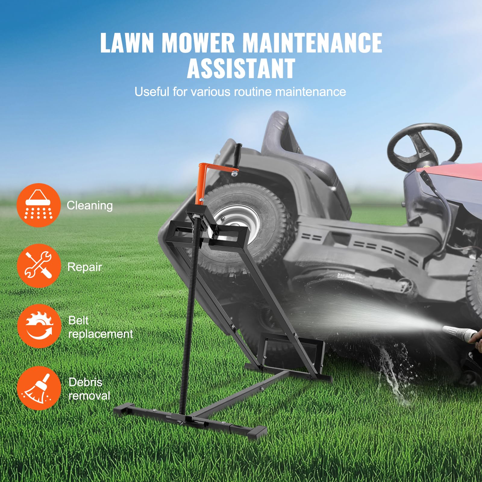 VEVOR tire cradle with mower tire demonstrating stable positioning benefit