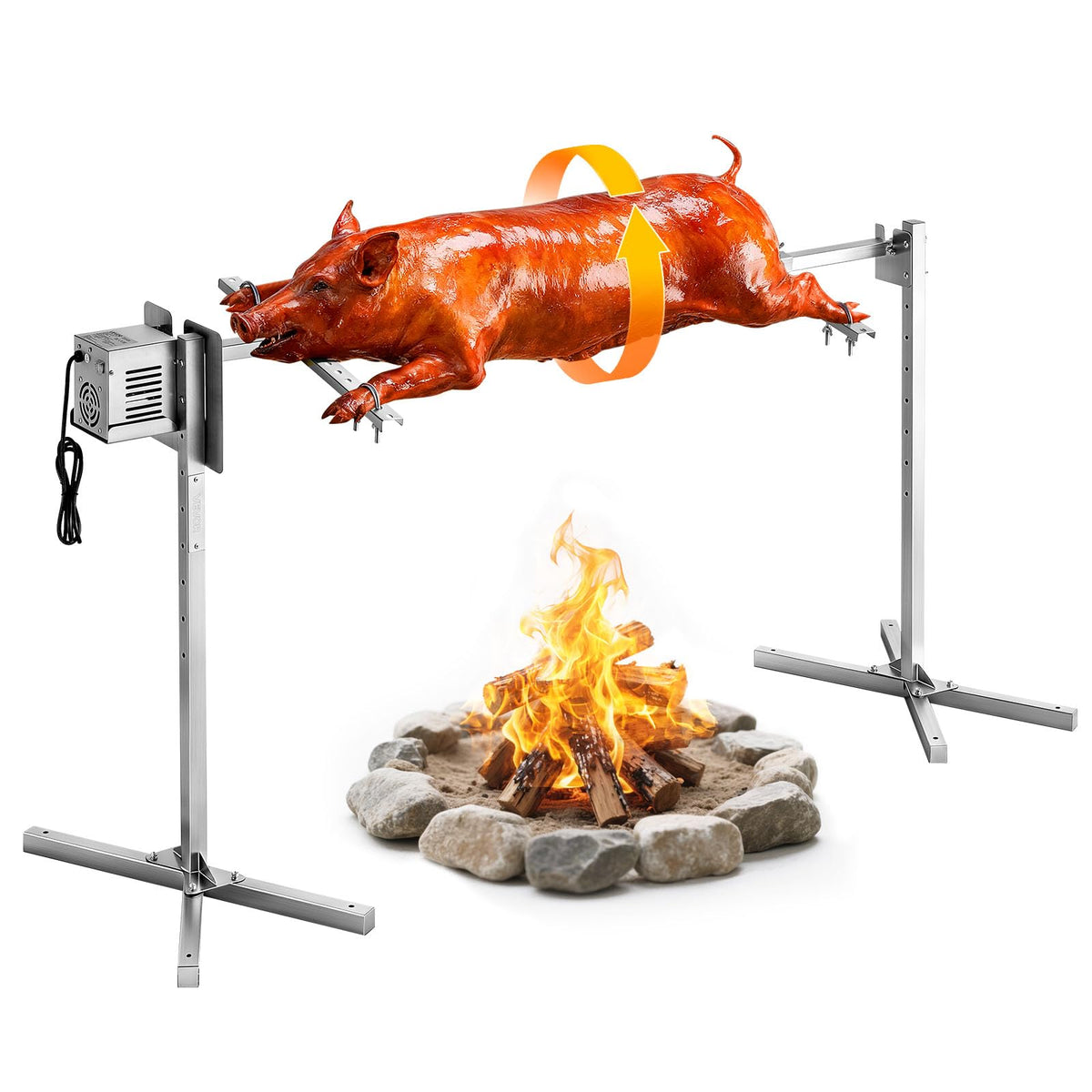 VEVOR rotisserie front view showing full 56-inch frame and stability benefit