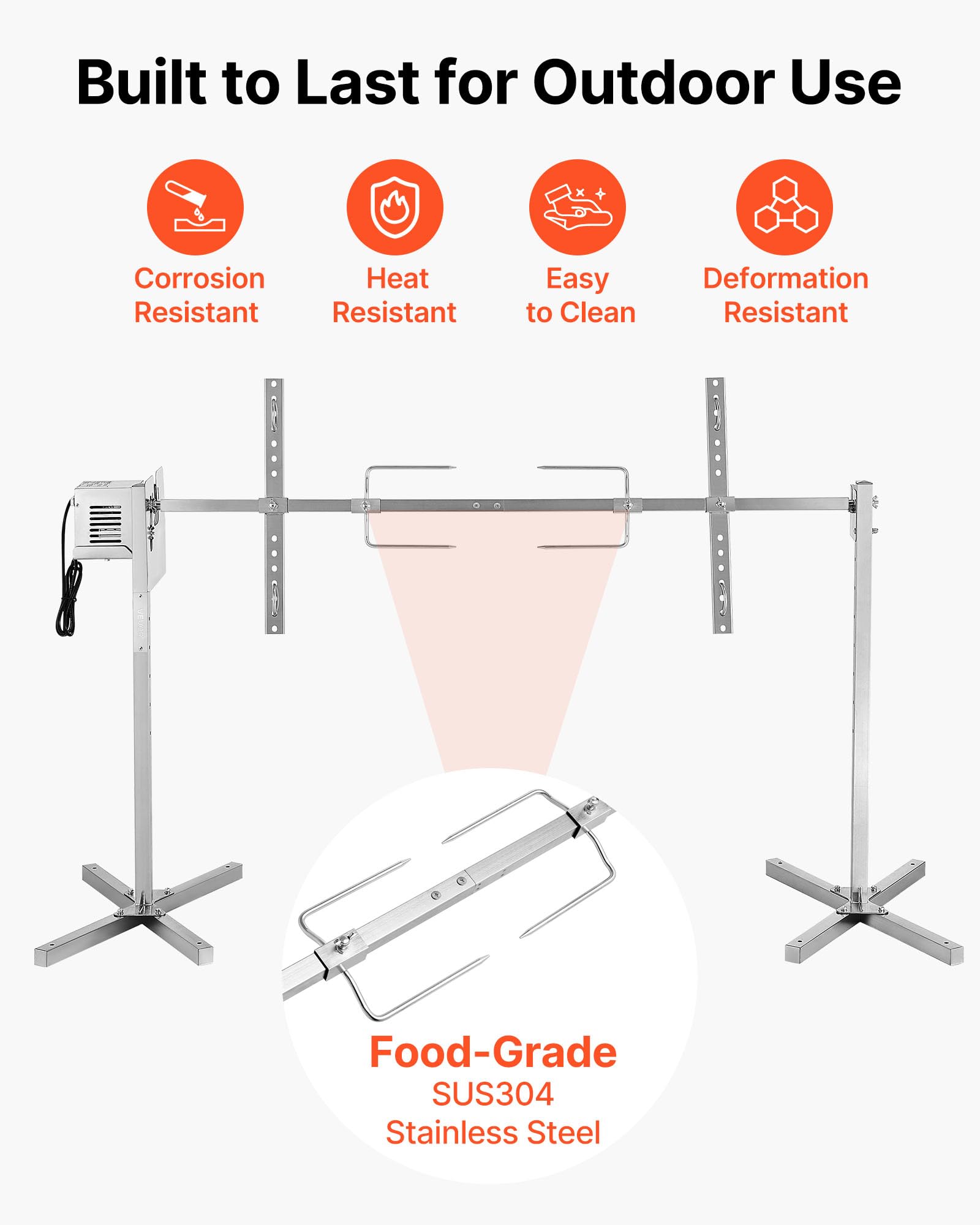 VEVOR rotisserie next to a person for scale showing 56-inch length and capacity benefit