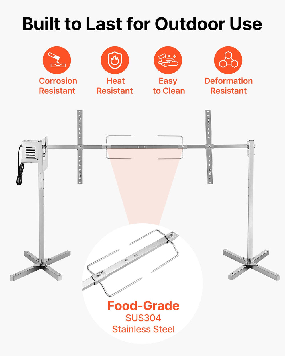 VEVOR rotisserie next to a person for scale showing 56-inch length and capacity benefit