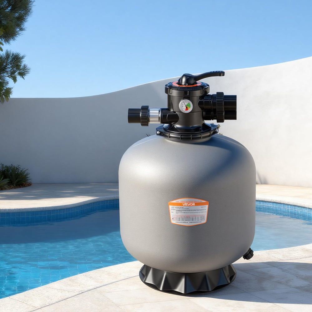 VEVOR sand filter front view showing tank and valve, durable performance