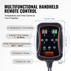 VEVOR handheld controller closeup with temperature and timer benefit: precise settings
