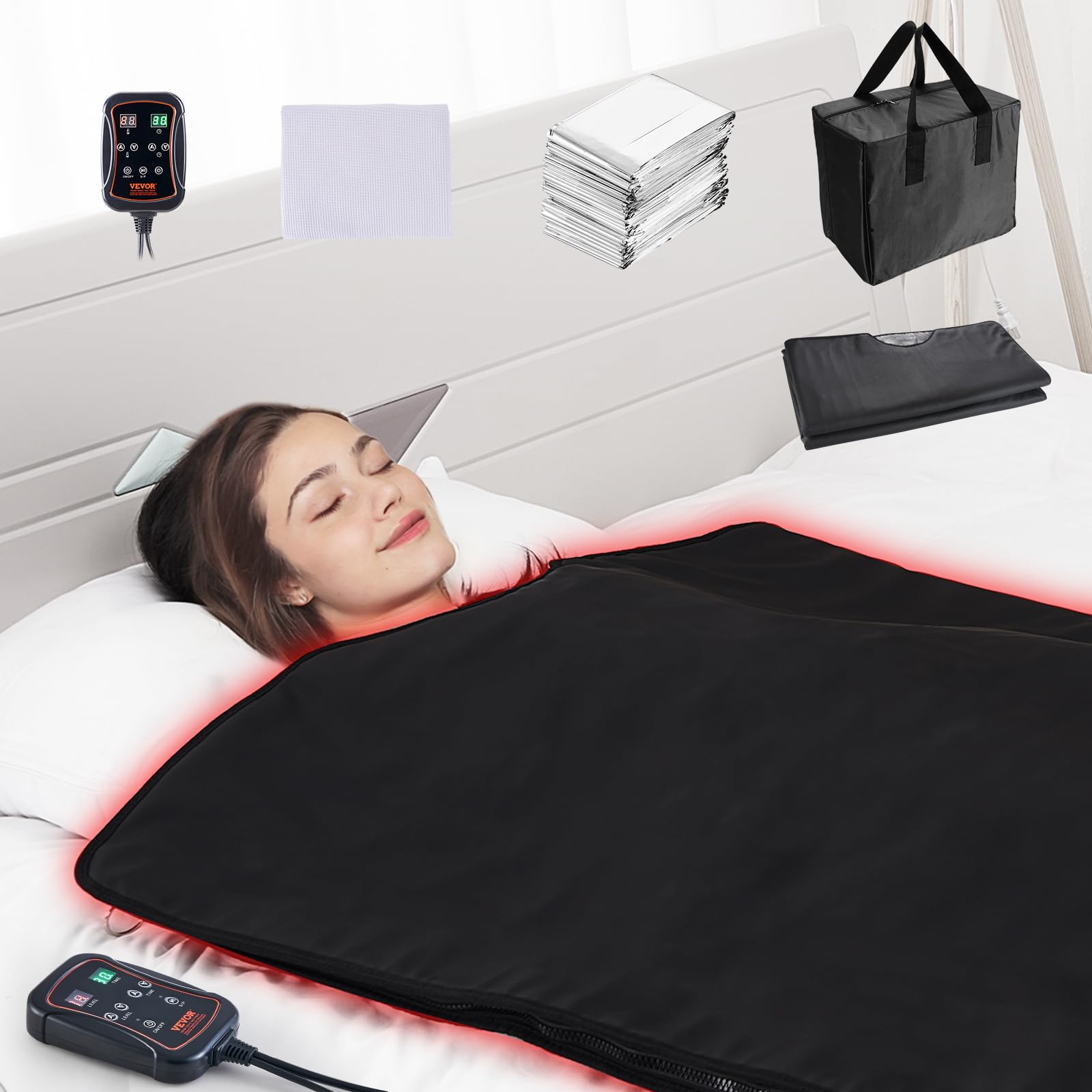 VEVOR sauna blanket front view showing closed PU shell and zipper benefit: portable warmth