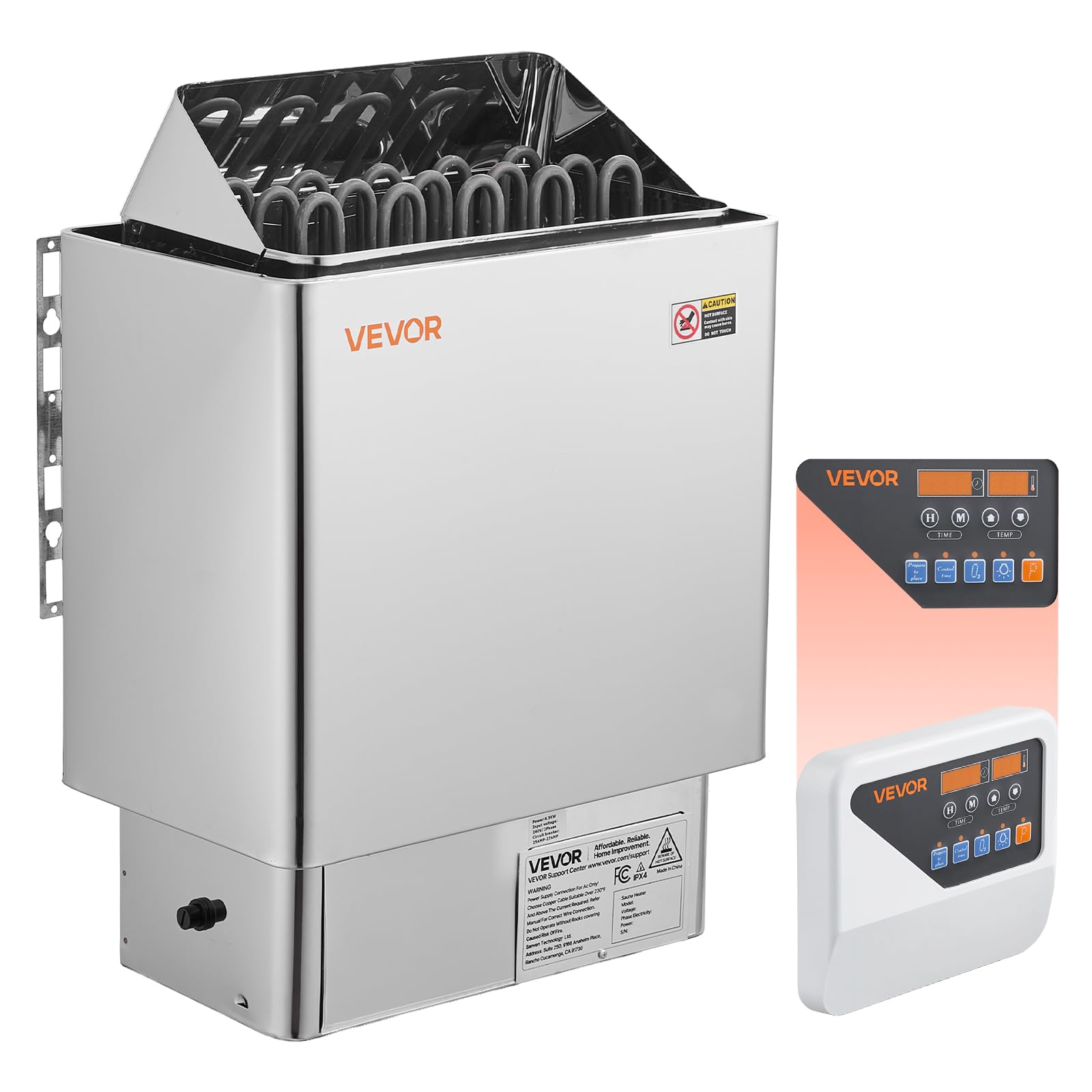 VEVOR sauna heater front view showing compact wall-mount and benefit efficient heating