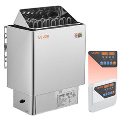 VEVOR sauna heater front view showing compact wall-mount and benefit efficient heating