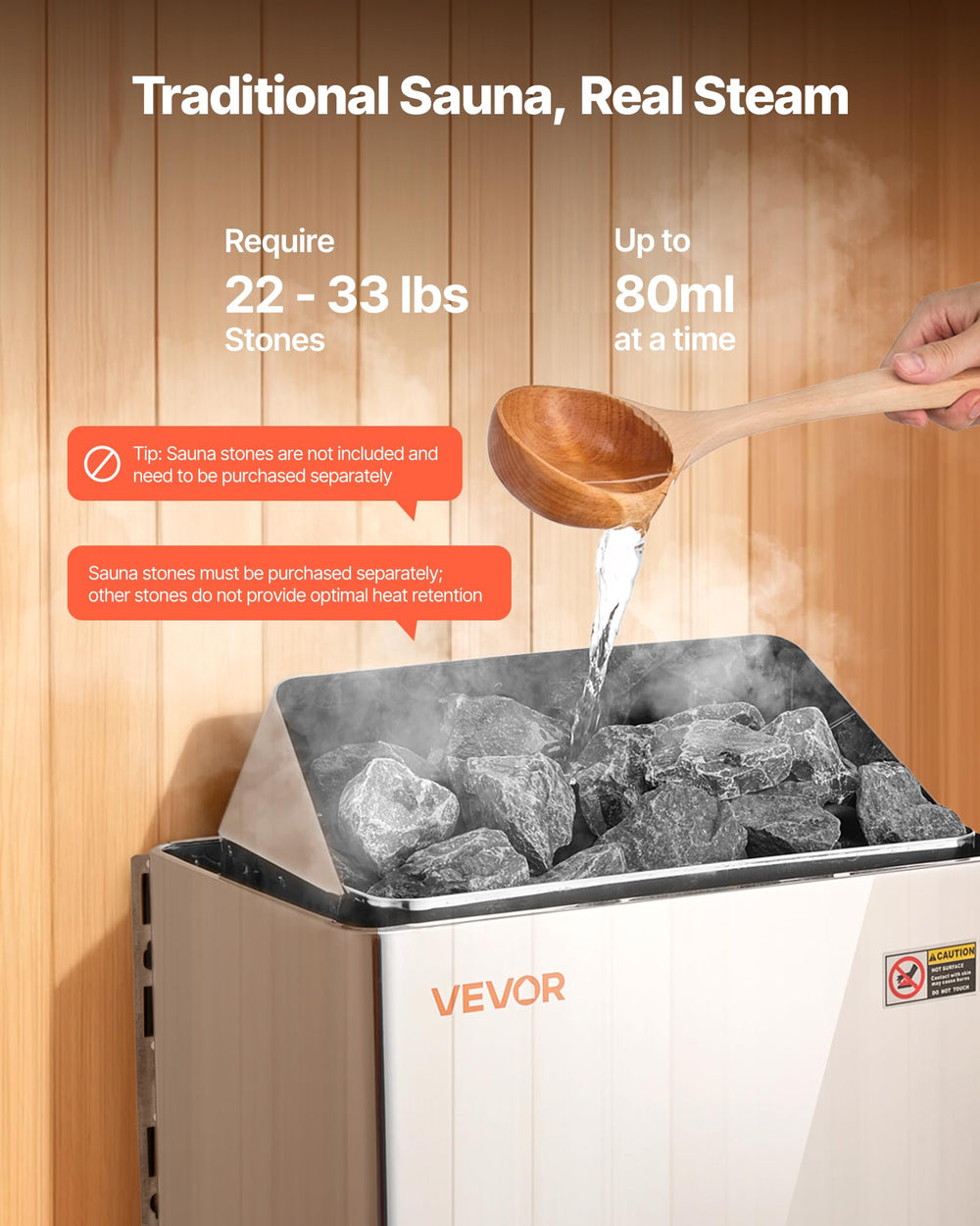 VEVOR sauna heater installed in sauna room showing space-saving placement and circulation
