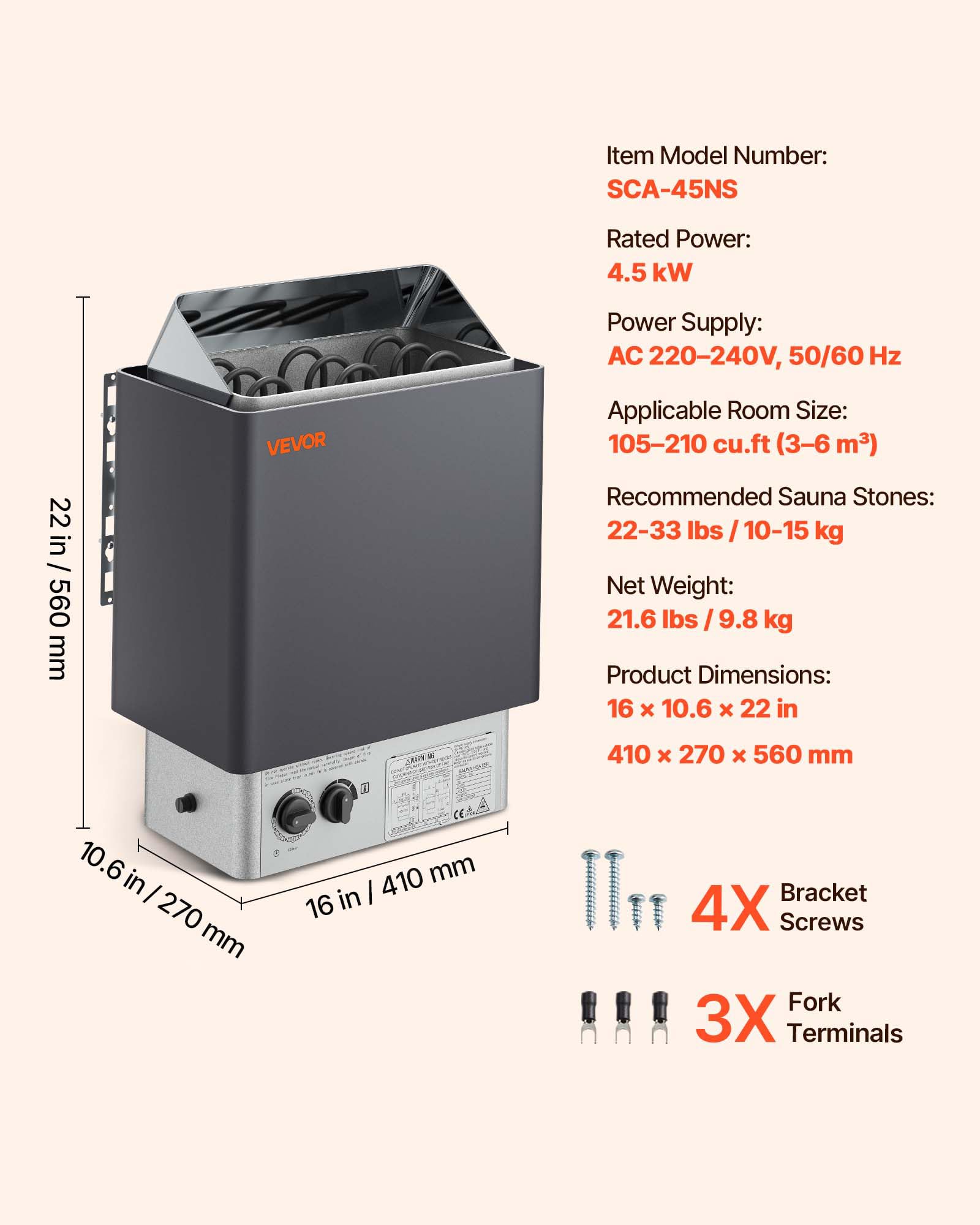 VEVOR heater beside bench shows compact scale and room-friendly footprint