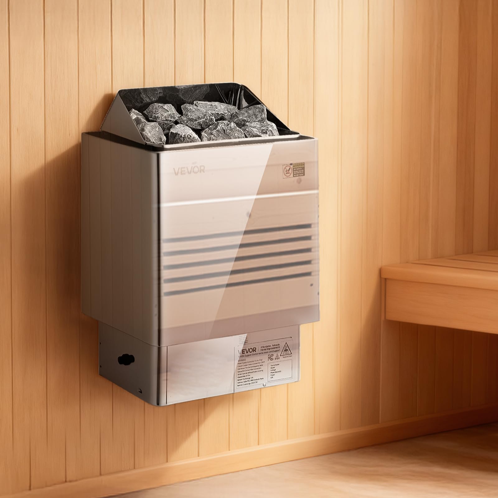 VEVOR sauna heater next to measuring tape showing scale for correct room sizing