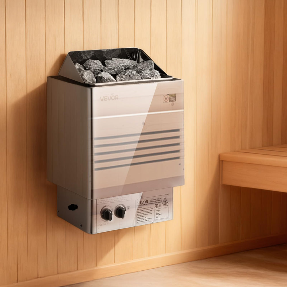 VEVOR heater topped with sauna stones illustrating thermal storage benefit