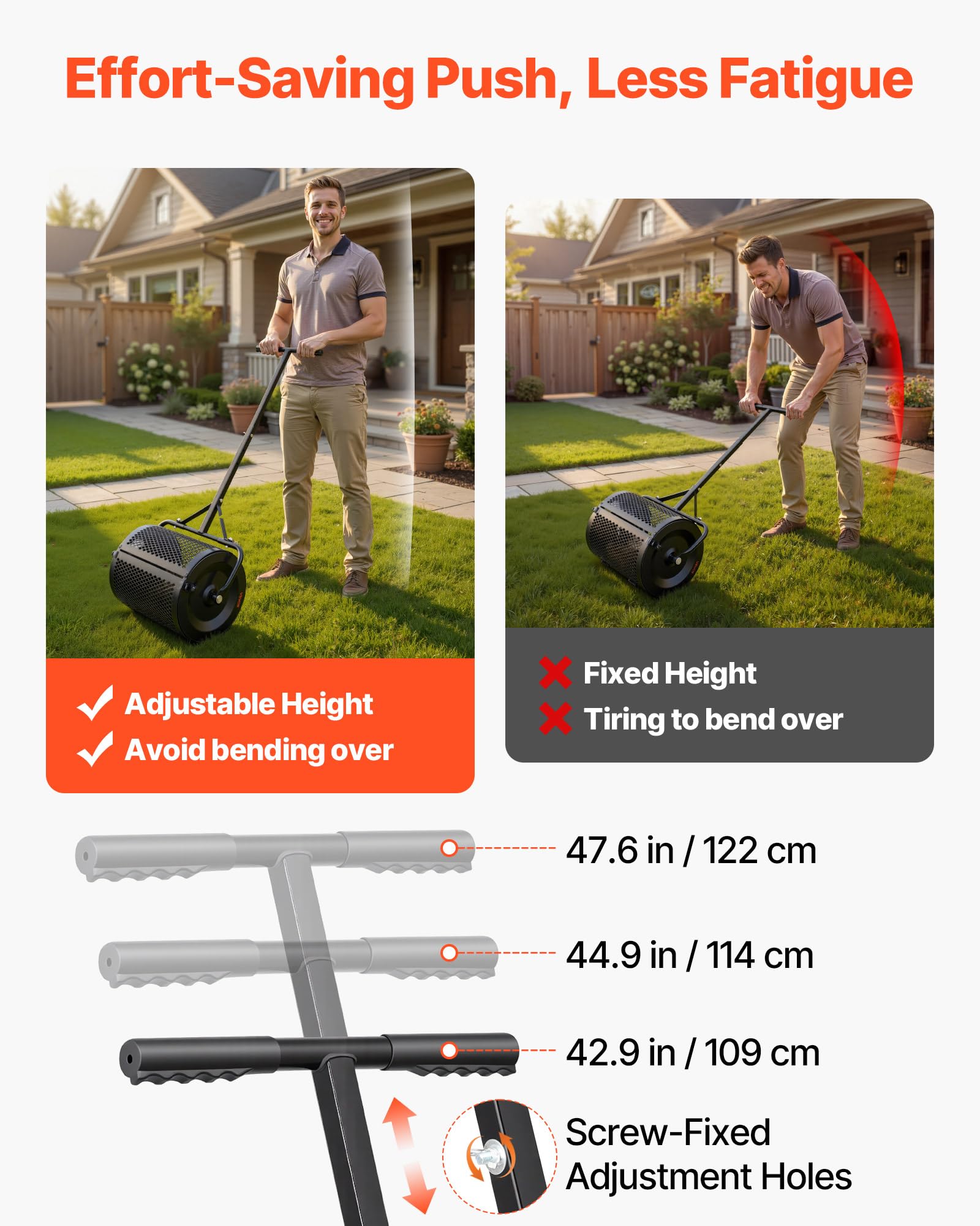 VEVOR spreader next to a yard stake demonstrating scale for planning passes