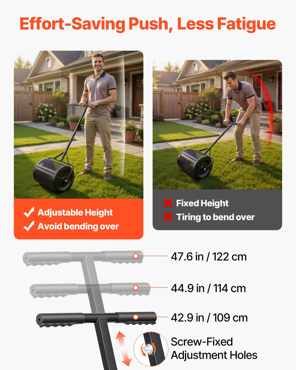 VEVOR spreader next to a yard stake demonstrating scale for planning passes