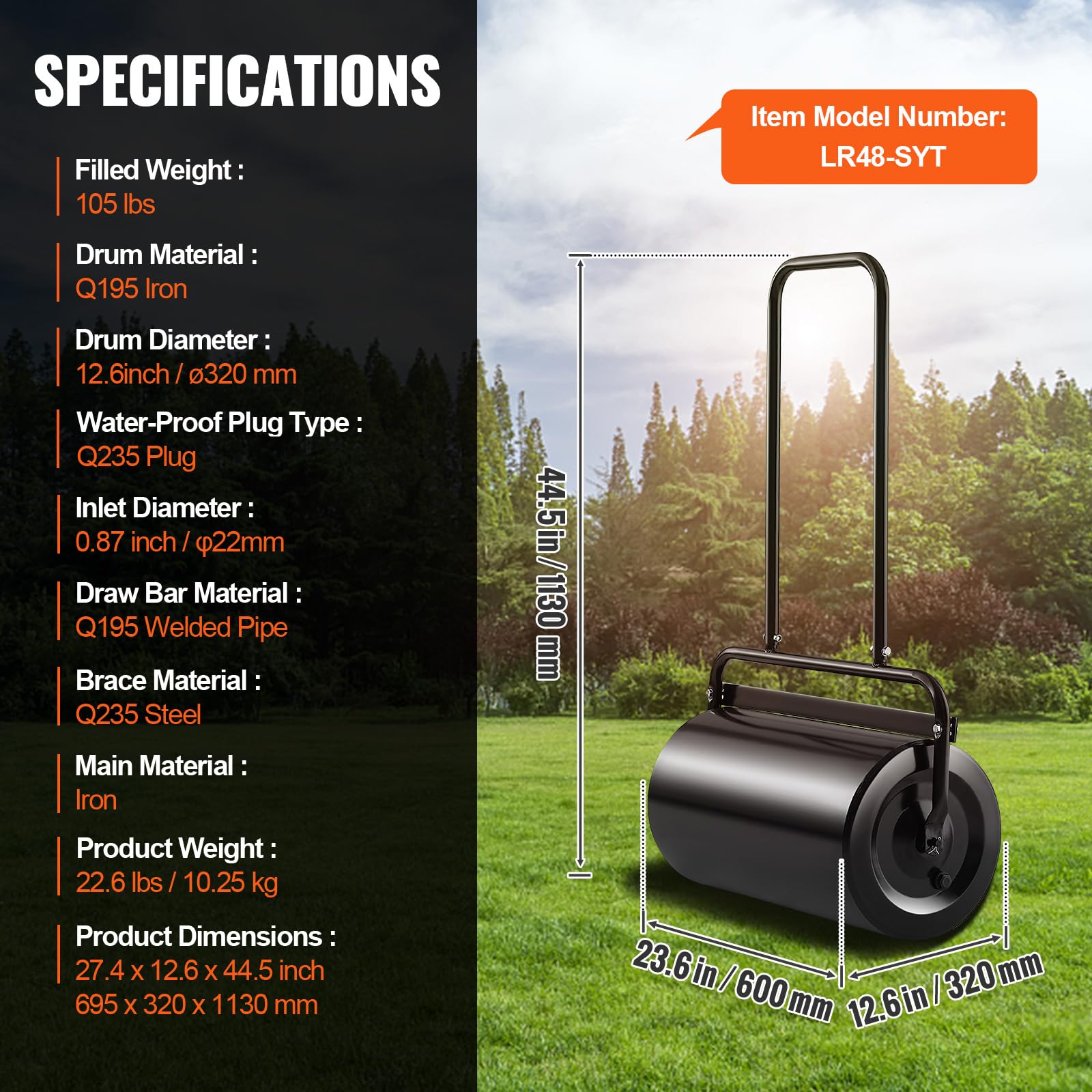 VEVOR size comparison next to wheelbarrow, shows portable scale advantage