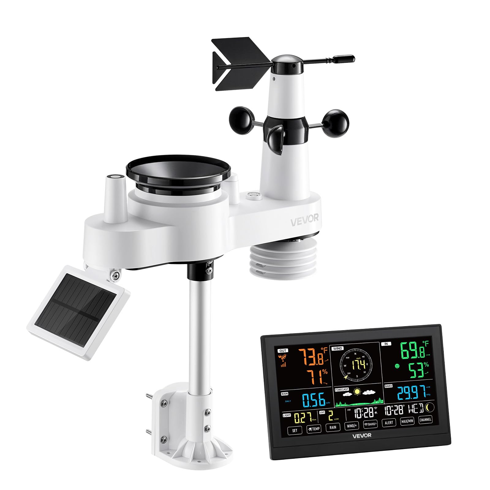 VEVOR weather station beside hand for scale showing compact size