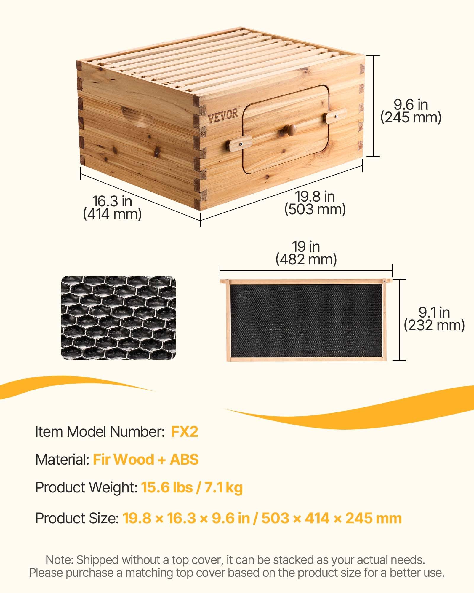 VEVOR box beside ruler showing dimensions for planning hive placement