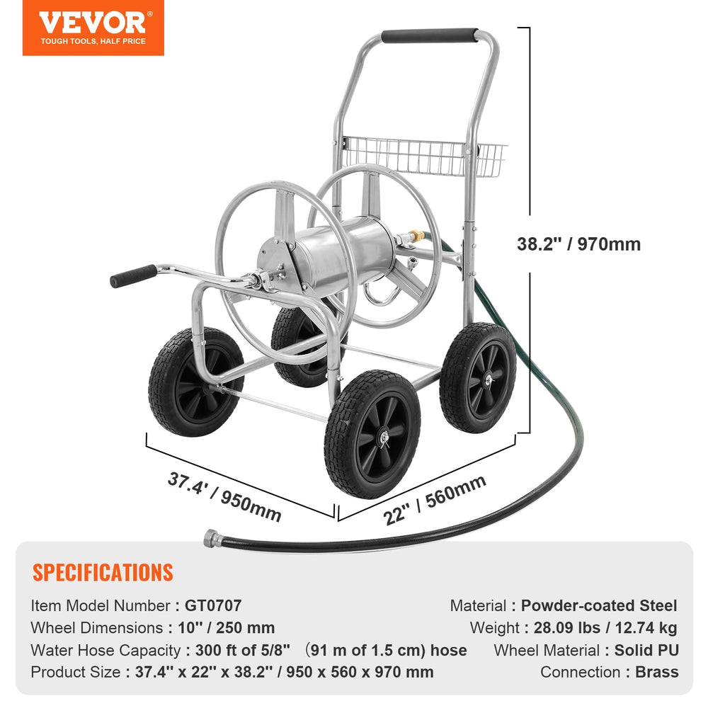 VEVOR hose reel with 300 ft hose to show capacity and reach across yard