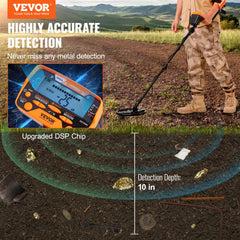 VEVOR search coil close-up highlighting 10-inch waterproof coil for better sensitivity