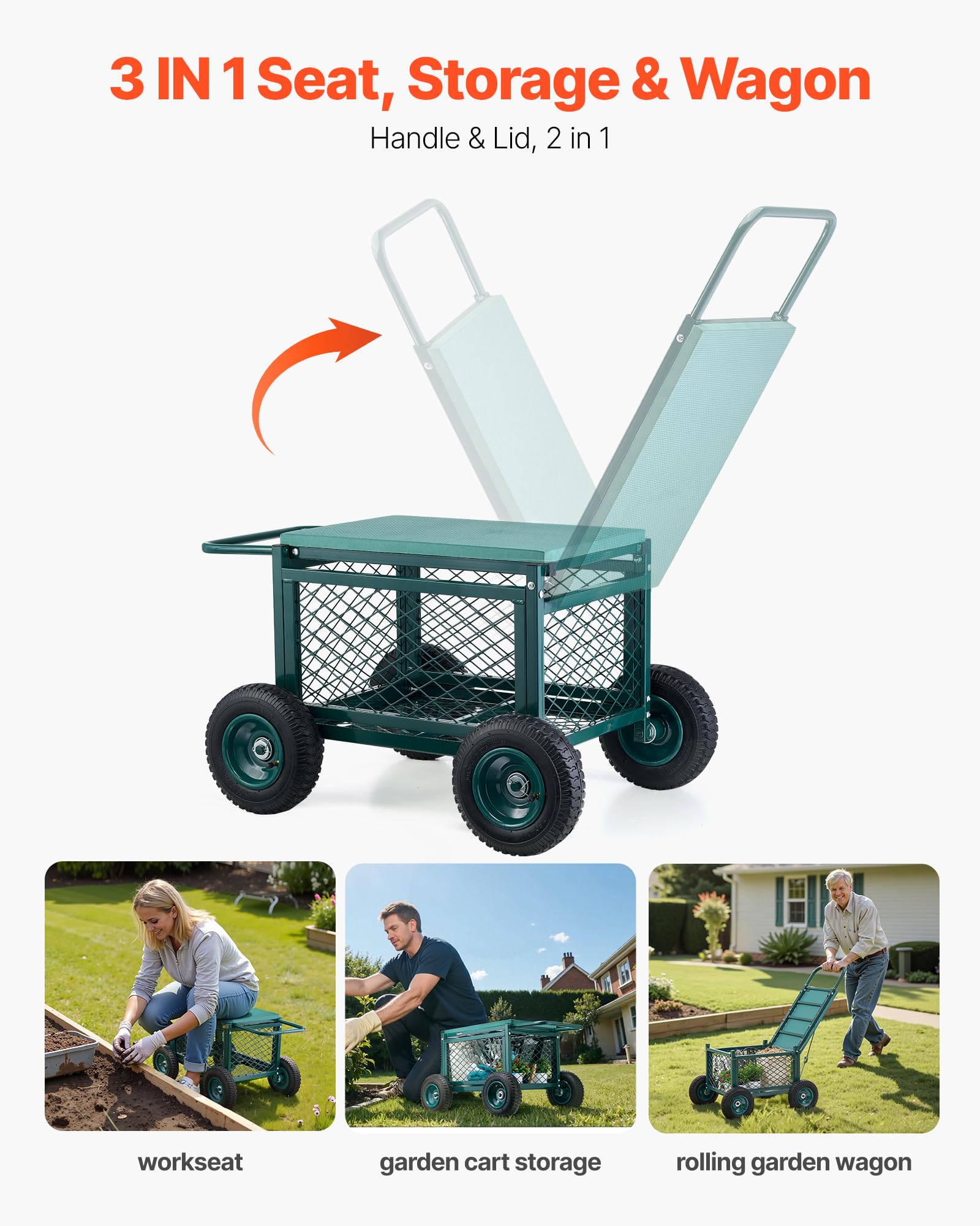 VEVOR person seated on cart in backyard providing a comfortable work stool